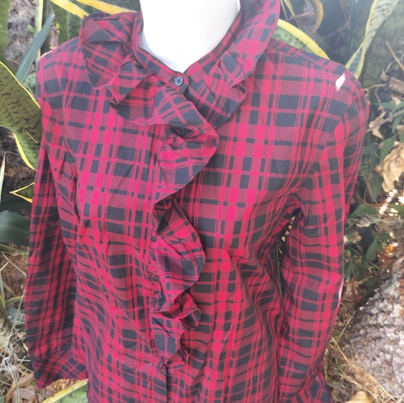 Ralph Lauren 90s vintage plaid ruffled top blouse S/M - Picture 2 of 11